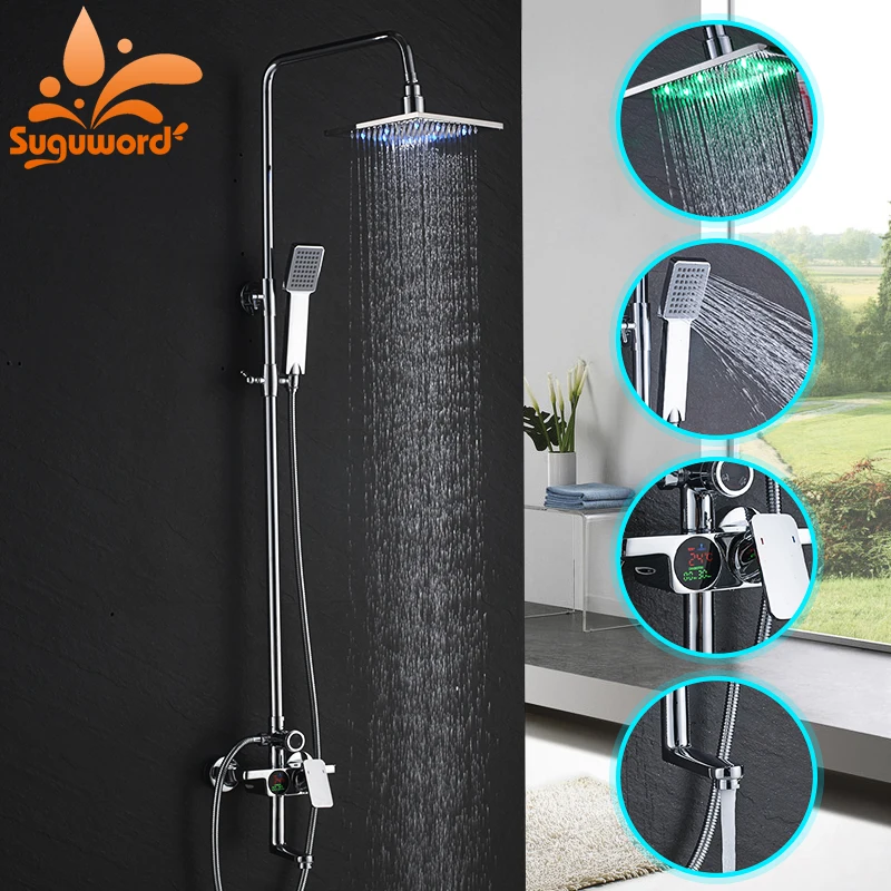 

Bathroom Wall Mount Faucets LED Rain Waterfall Shower Set 8" Digital Display Faucet Chrome Finish Faucets