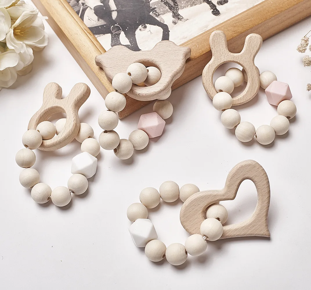 

Wooden Teether Ring Baby Bracelet Animal Shaped Jewelry Teething For Baby Wood Beads Baby Rattle Stroller Accessories