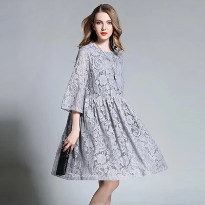 European design spring autumn women floral lace dresses plus size 4XL hollow lace women pleated dress gray blue color - Цвет: Серый