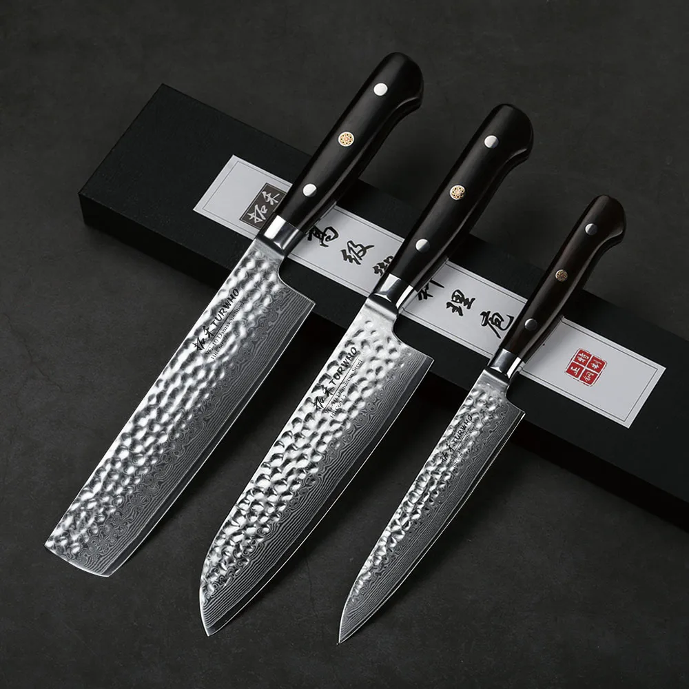 

TURWHO 3 PCS Kitchen Knife Set Japanese Damascus Steel knife professional Nakiri Santoku Utility Knife Ebony Handle knife Chef