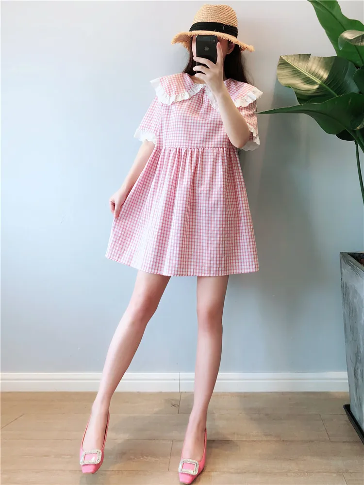 Qiukichonson 5XL плюс Размеры Для женщин платье в клетку летние оборками воротник в Корейском стиле милое платье Высокая Талия Лолита платье мини