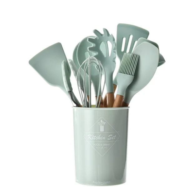 

Silicone Heat Resistant Non-stick Kitchen Utensils Kitchenware Set Wood Handle Spatula Shovel Spoon Home Kitchen Tools LF445