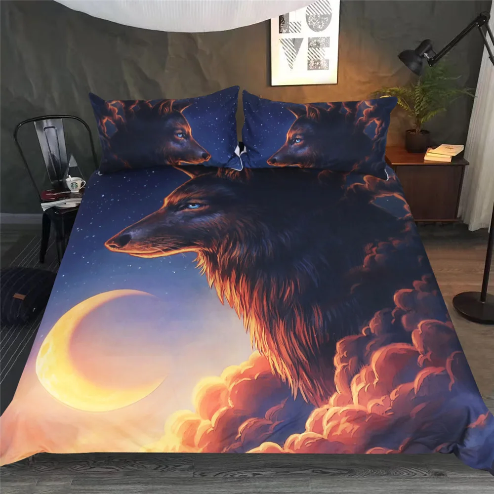 

Illucity sunset wolf children duvet cover set king queen double full twin single size bed linen set