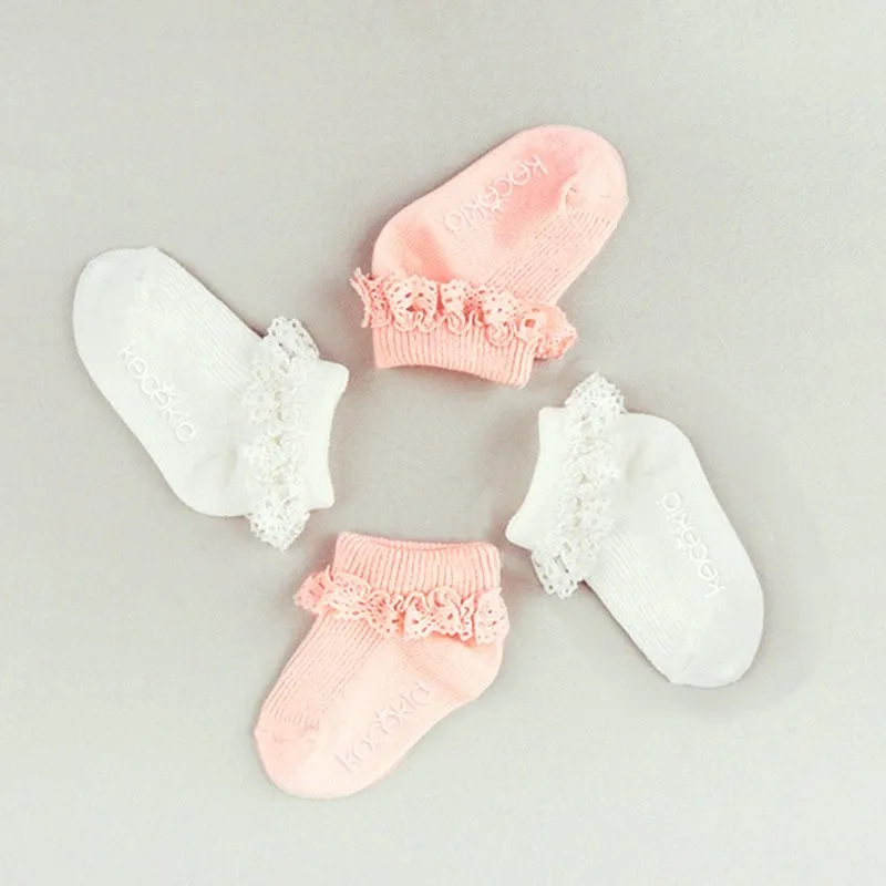 Симпатичные новорожденных малышей Девушка Носки для девочек детский белый розовый нарядный Кружево отделкой рюшами противоскользящие Носки для девочек