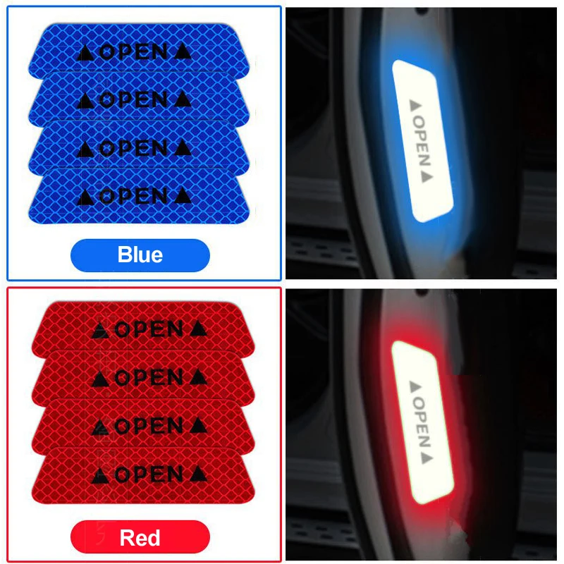 4Pcs/Set Car OPEN Exterior Car Door Decorative Sticker Reflective Tape Warning Mark Reflective Open Notice Bicycle Accessories