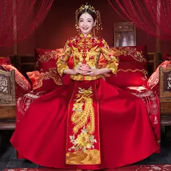 Элегантный женский брак комплект Винтаж Вышивка Qipao изысканный невесты Свадебные Вечеринка платье полной длины Cheongsam S-XXL