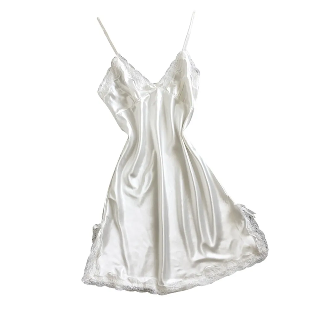 Женская атласная пижама, сексуальное кружевное белье с бантом, Ночная сорочка с v-образным вырезом, ночная рубашка, нижнее белье, женская ночная сорочка, ночная рубашка - Цвет: White