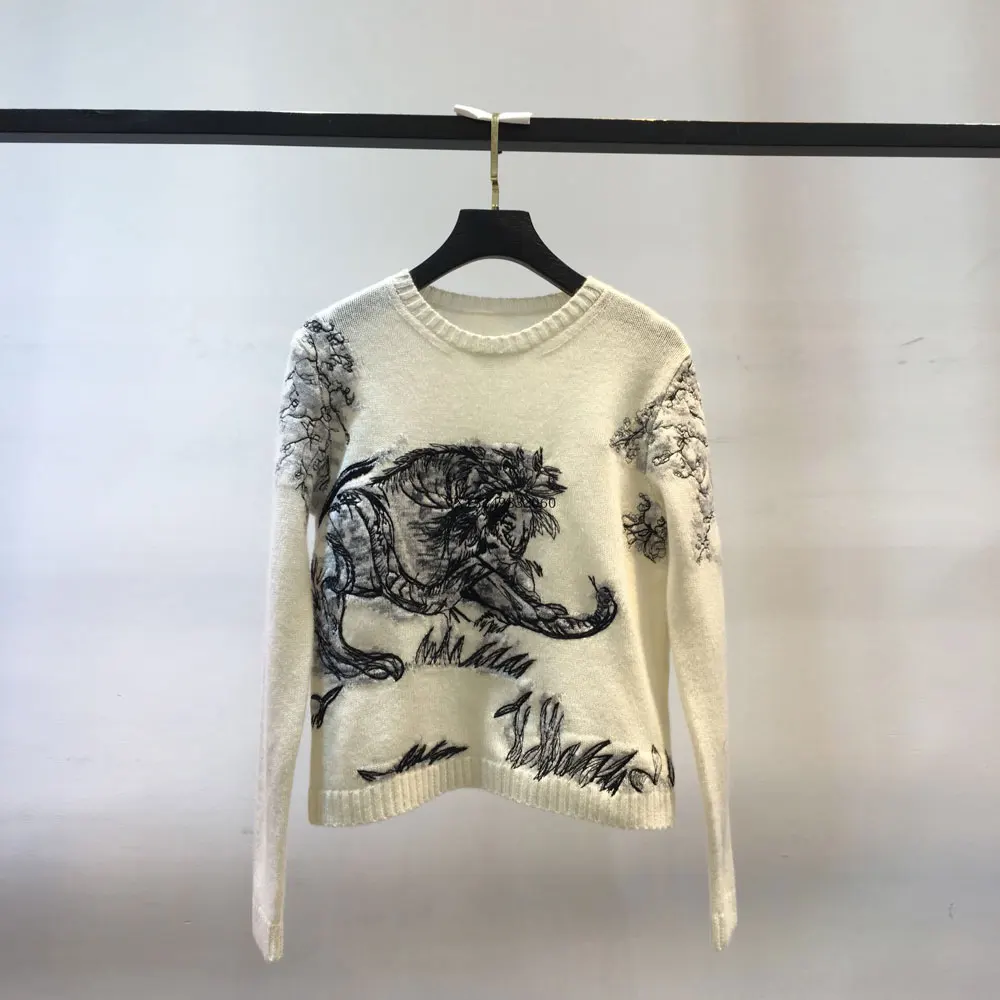 Printemps Col Broderie Délicat Doux Nouveau Du Noir À Rond Au Capuche Cashmere Motif Goodlishowsi blanc Pull En Début Blouson 2019 Animal nPqSz4I