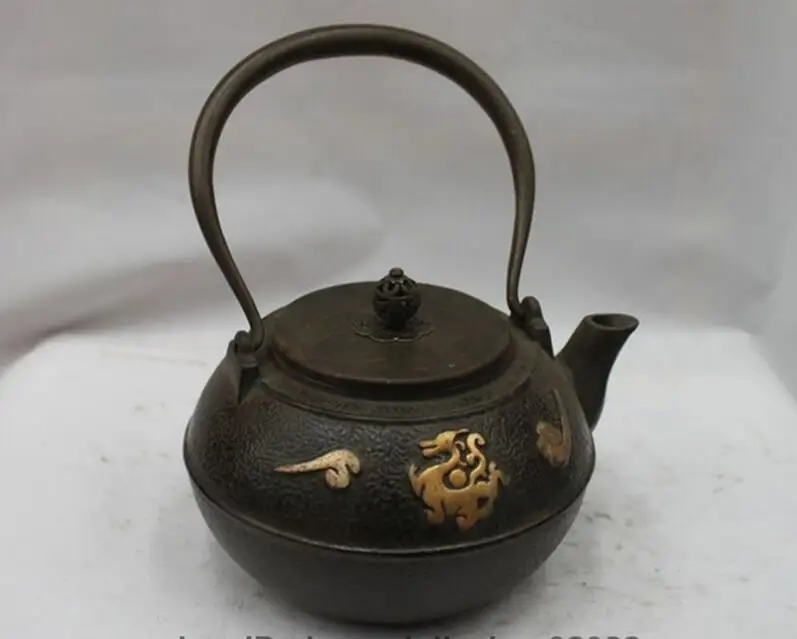 

Archaic Japanese Iron Silver Gilt Phoenix Bird god Flagon Kettle Wine Tea Pot