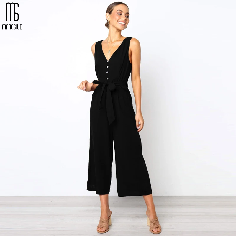 Ceny Manoswe damski guzik na co dzień V Neck czarny kombinezon Romper seksowne letnie ogrodniczki z wyciętymi plecami dla dziewczynek luźny długi kostium