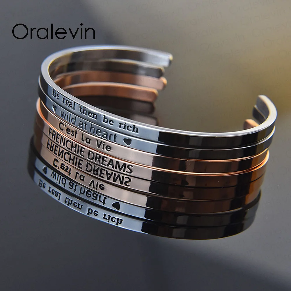 

Oralevin 2017 Stainless Steel Engraved Positive Inspirational Quote Hand Stamped BAR Cuff Mantra Bangle for women (COLOR:GOLD)