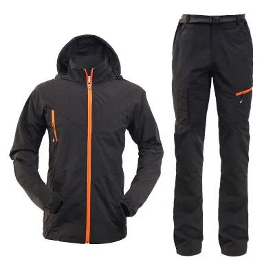 Мужская верхняя быстросохнущая легкая одежда комплект, включая куртку и брюки для пеших прогулок и рыбалки - Цвет: black