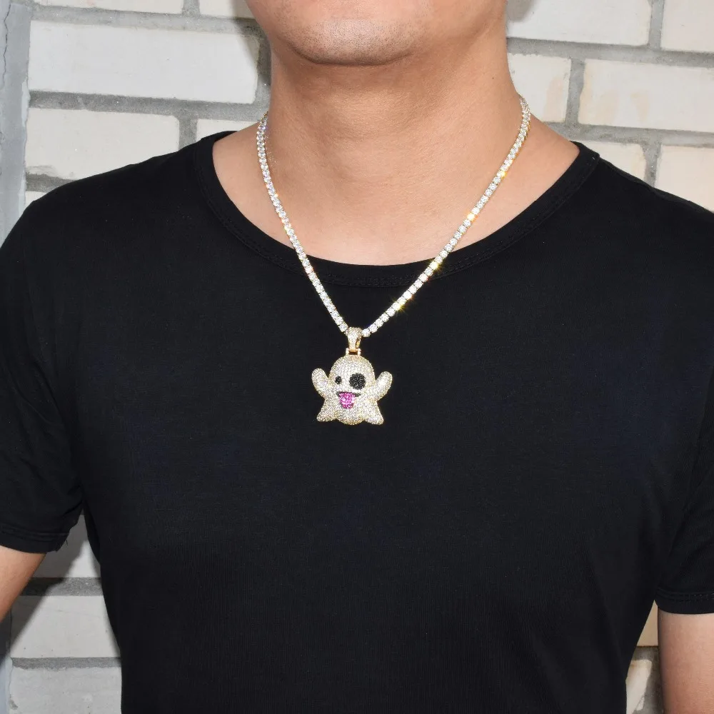 Ожерелье в виде призрака и кулон с 4 мм теннисной цепочкой золотого и серебряного цвета с блестящим кубическим цирконием мужские хип-хоп ювелирные изделия для подарка