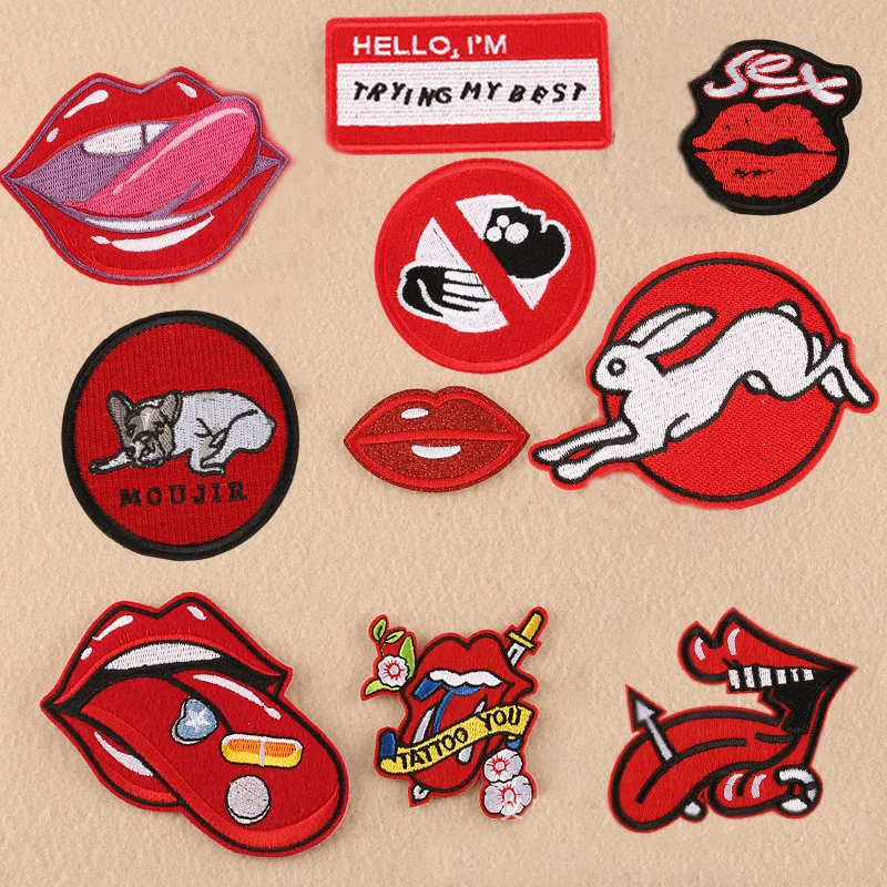 

Embroidered iron On Patch lips & tongue red stripe cartoon DIY patches for clothes baby applique logo cheap embroidered badges