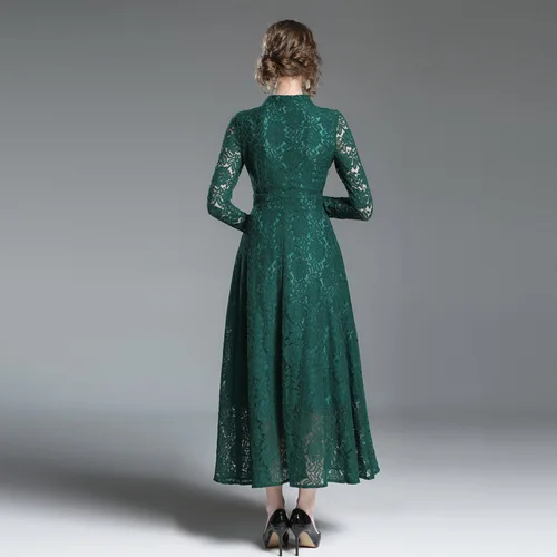 2018 Autumn Lace Solid Color Fashion Temperament V-neck Long-sleeved Mid-rise Slim Fit Dress Dresses