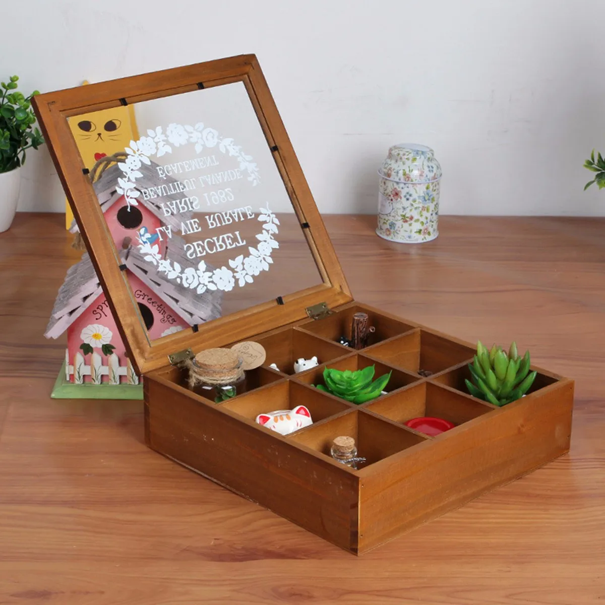 

9 Section Wooden Chic Tea Box 24 x 24 x 7cm Compartments Container Bag Chest Storage Spice New Store Boxes Cosmetics Jewelly