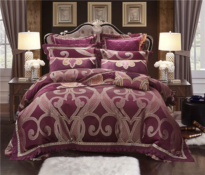 

Silk Cotton Luxury Satin Jacquard Purple Bedding Set Queen King size Wedding Bedding Sets Bed Sheet/Spread Set Duvet Cover 40