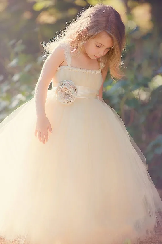 

New Fashion Beige Flower Birthday Party Princess Tutu Dress Baby Dance Piano Host Show Girls Handmade Dress