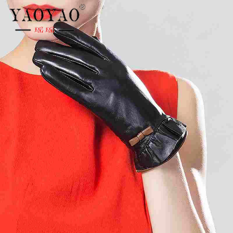 YY5120 Woman Genuine Leather Black Short Warm Gloves Ladies Winter
