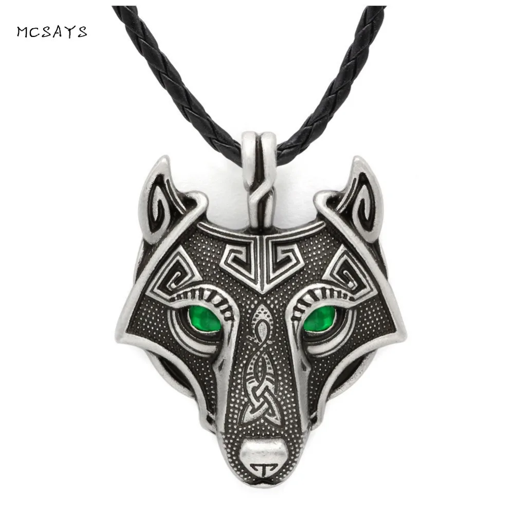 

MCSAYS Norse Viking Jewelry Nordic myth Fenrir Wolf Head with Green Eye Pendant Punk Dope Necklace Mens Jewelry Amulet Gifts 1SL