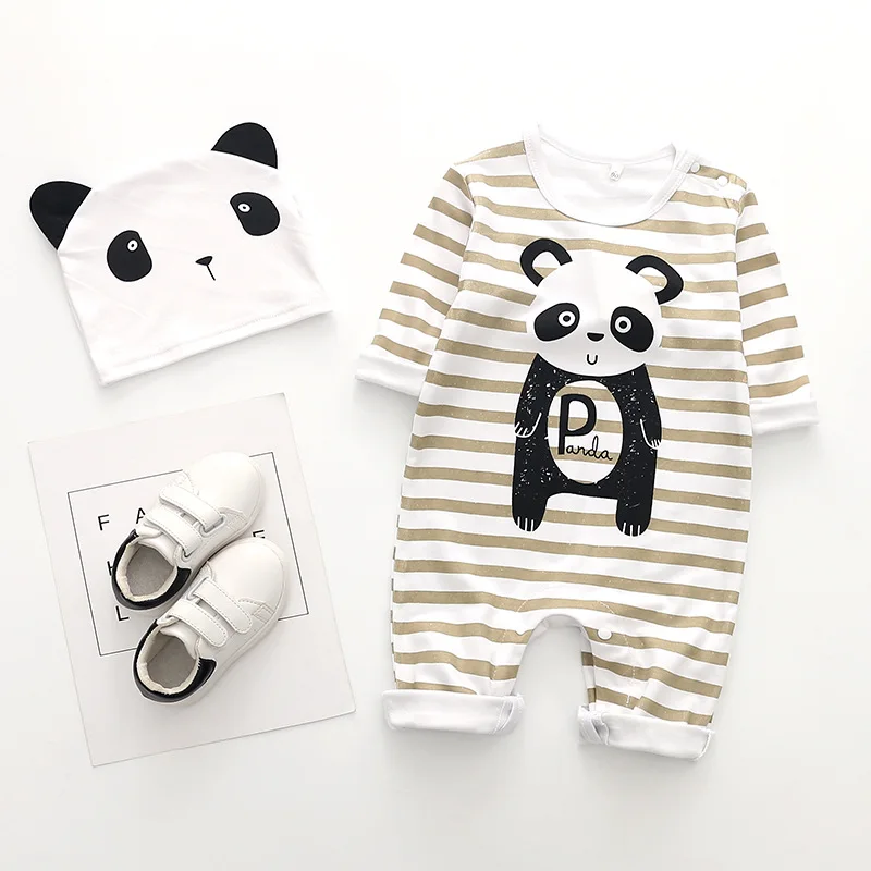 

Spring Autum Baby Rompers Long Sleeve Cotton Jumpsuit Infant panda print Cartoon Newborn Baby Clothes Romper+hat Toddler Outfits