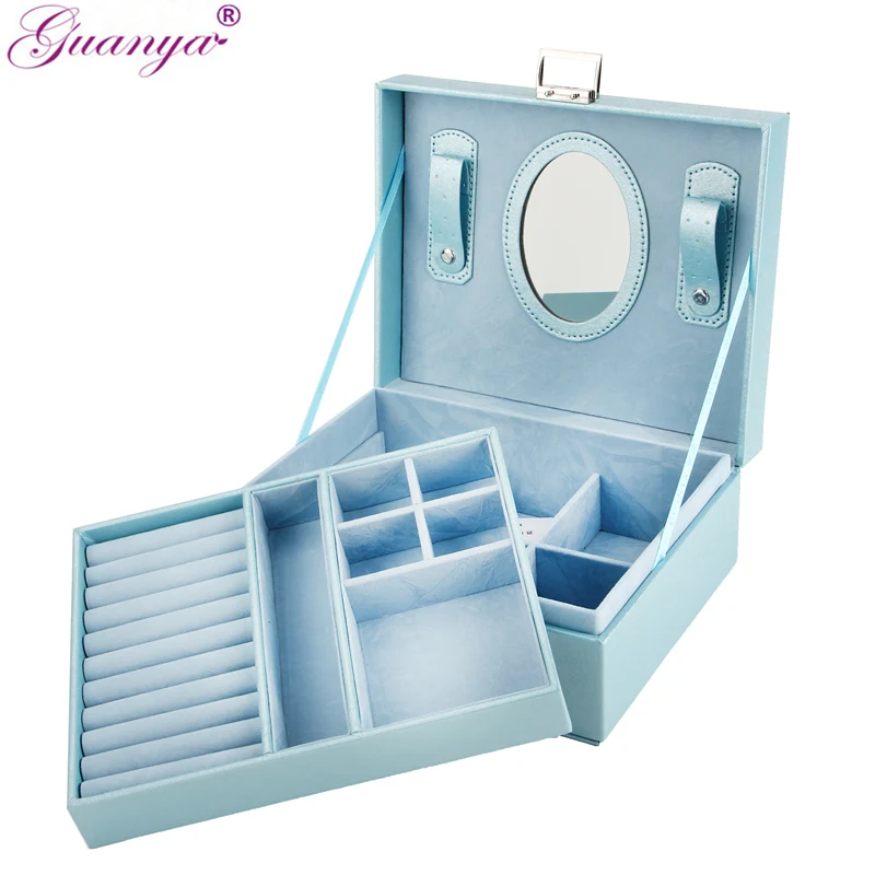 Offerte Guanya Nuovo 23*9*18.5 centimetri Portatile a Doppio strato di Cassa Dei Monili di Monili di Cuoio Box Organizzatore Spogliatoio Principessa Di Compleanno regalo Cofanetto