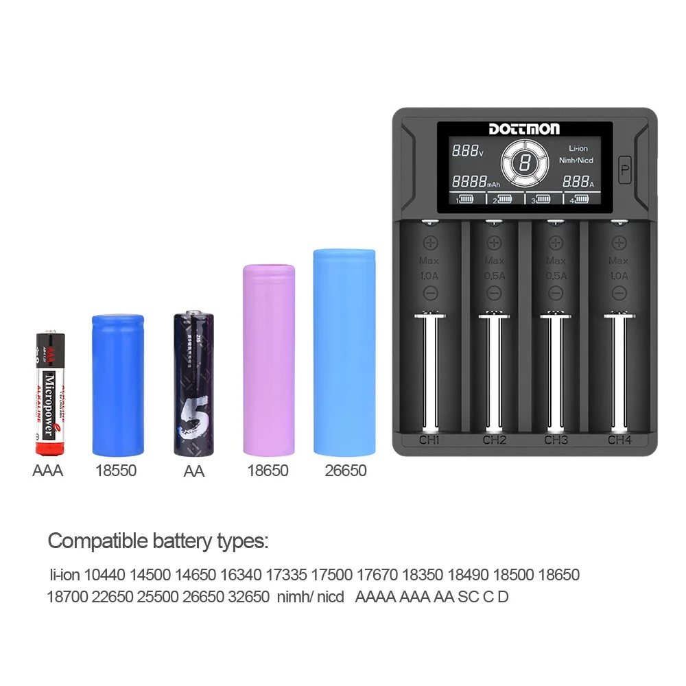 Universal 4 Slots Smart LCD Battery Charger Discharge Recharge For Li-ion Ni-NH Ni-Cd AA AAA 18650 26650 With USB input Universal 4 Slots Smart LCD Battery Charger Discharge Recharge For Li-ion Ni-NH Ni-Cd AA AAA 18650 26650 With USB input