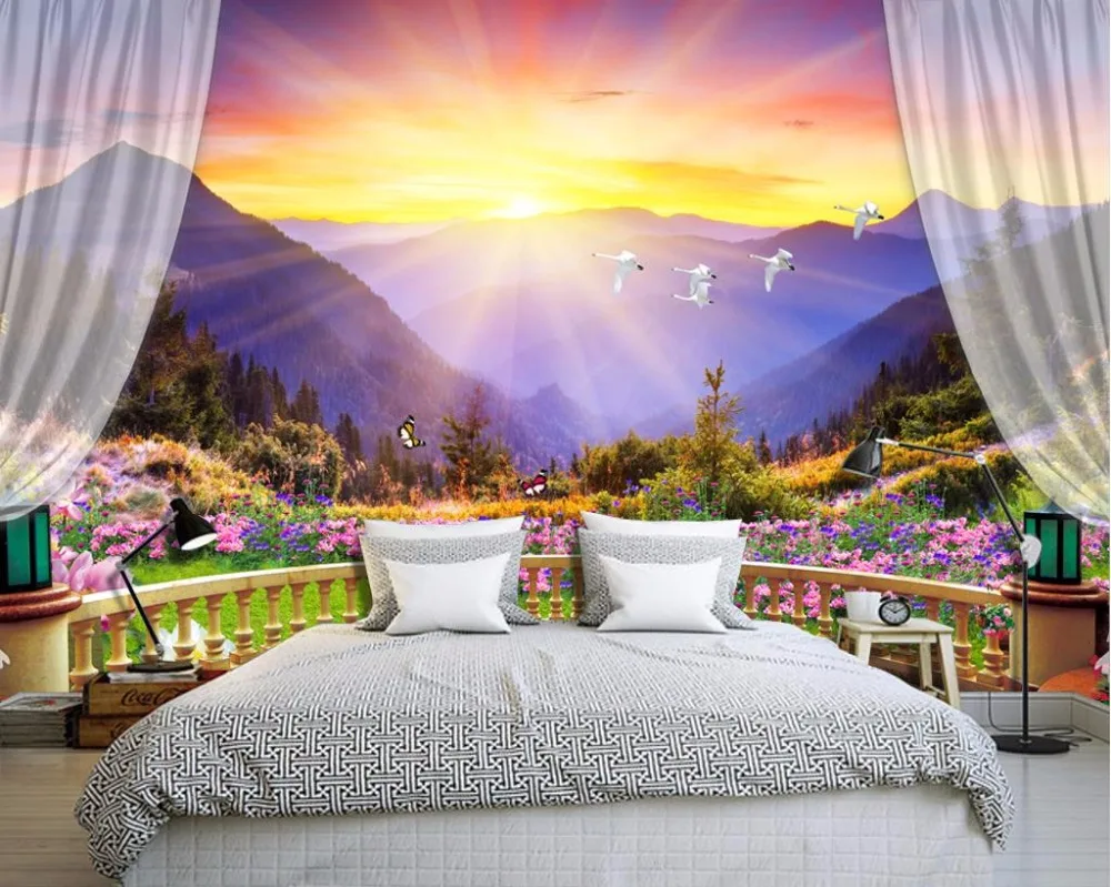 Us 14 51 56 Off Schone Bunte Balkon Berg Schlafzimmer Tapete Natur Landschaft Tapeten Foto 3d Wandbilder Fur Sofa Hintergrundbilder 3d Wall
