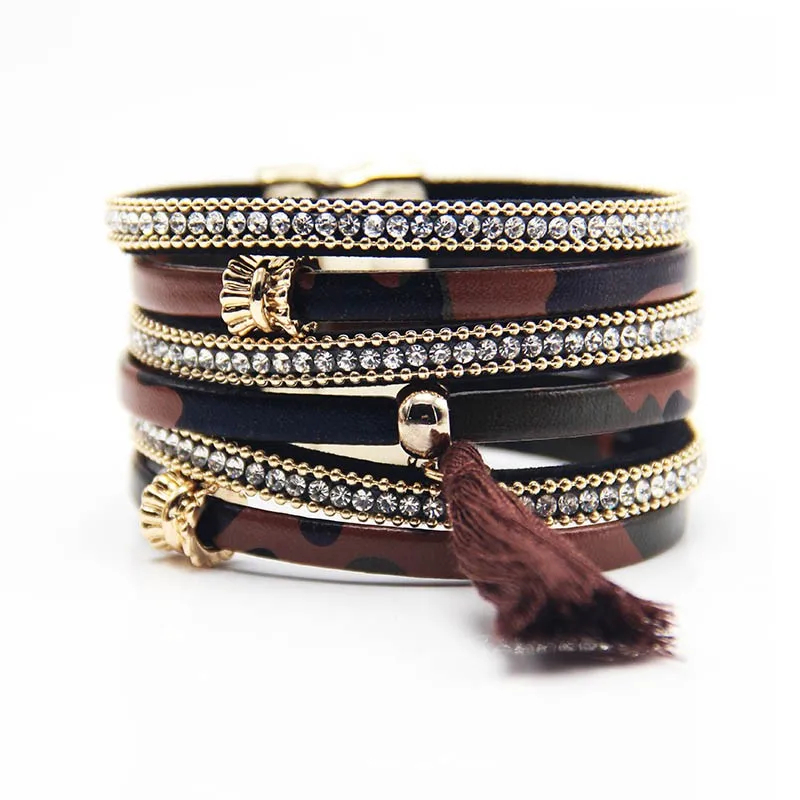 ZG Лидер продаж, последняя мода, многослойный кожаный магнитный женский браслет в стиле бохо, камуфляжный браслет из искусственной кожи, браслеты