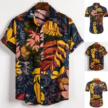Мужская Этническая Повседневная рубашка с коротким рукавом из хлопка и льна, гавайская рубашка с принтом, модная мужская рубашка с коротким рукавом