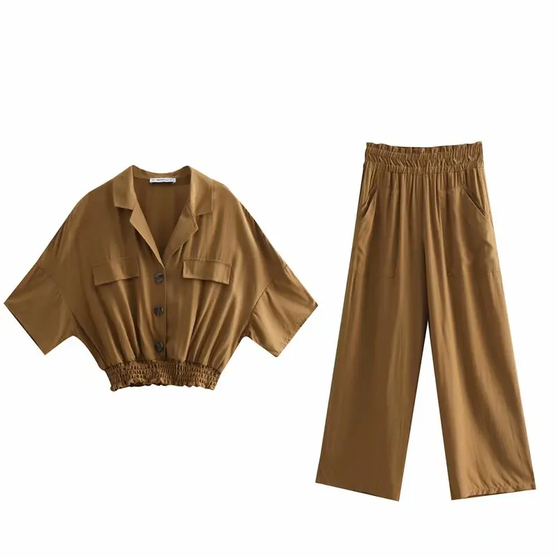 

2019 Spring Autumn New Elastic Hem Short Shirt High Waist Wide Leg Pants Set Women Bat Sleeve Blouse Tops Casual Pants Suit 2pcs