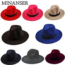 Большие Полями Fedora для мужчин и женщин мода Джаз шапка, сезон осень-зима Trilby шерстяные фетровые шляпы для женщин еврейская шляпа корова мальчик Панама шляпа
