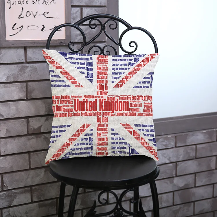 18'' Square Cotton Linen Print British Flag Cushion Cover Rustic Car