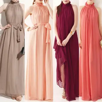 

2020 Summer Women Dress Chiffon Long Dress Halter Tunic Sleeveless Pleated Maxi Dress Wedding Party Dresses with Sashes Vestidos