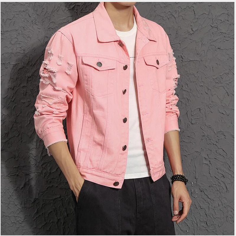 

Babbytoro Men's Jacket Jeans 2019 Cotton Ripped Hole Fashion Plus Size 5XL 4XL M Outwear Clothings Pink Black Jackets