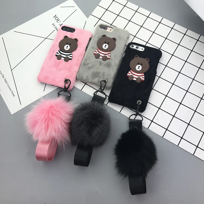 Aoweziic Winter Plush shell 7/8plus mobile phone striped bear protective sleeve 6S fur ball wrist strap For iPhone X XS MAX XR