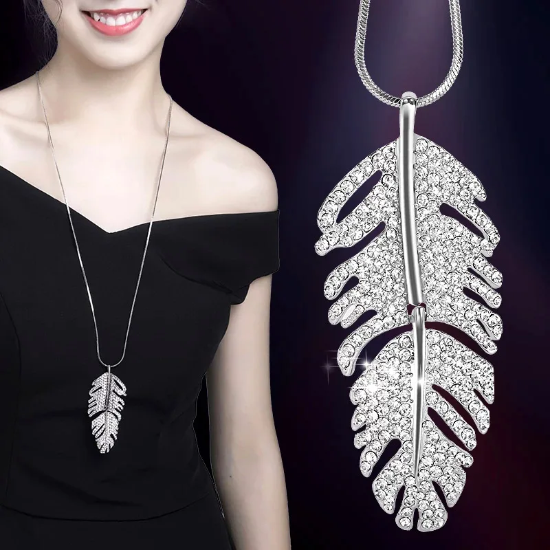 

SINLEERY Vintage Fashion Women's Full Cubic Zirconia Leaf Pendant Necklace Suspension Long Chain Statement Jewelry MY066 SSB