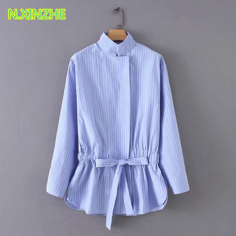 

2018 women clothing long sleeve stand collar lace-up striped shirt long Tops Female fashion casual loose cotton blouses C4441