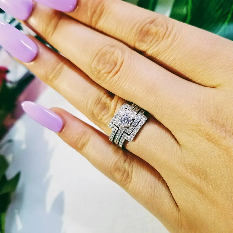 925 sterling Silver Three Band wedding Ring set for women bridal 3 in 1 jewelry R1431