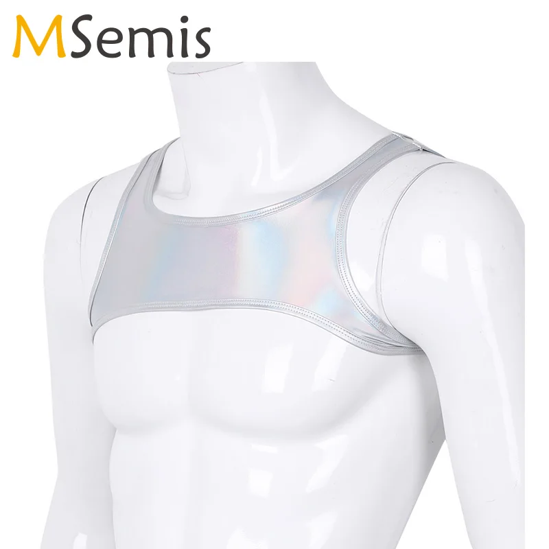 

Mens Shiny Metallic Pole Dance Tank Tops Sexy Sleeveless Shoulder Chest Strap Harness Muscle Clubwear Costume Half Tank Top Men