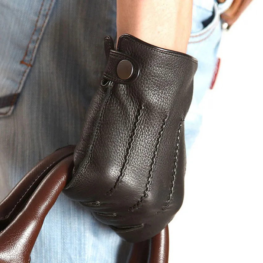 Мужские перчатки из натуральной кожи Deerskin теплые однотонные на запястье с