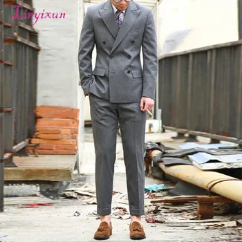 

Linyixun Latest Coat Pant Designs Grey Double Breasted Men Suits For Wedding Costume Mariage Hommemen Custom Made 2 Pieces 2019