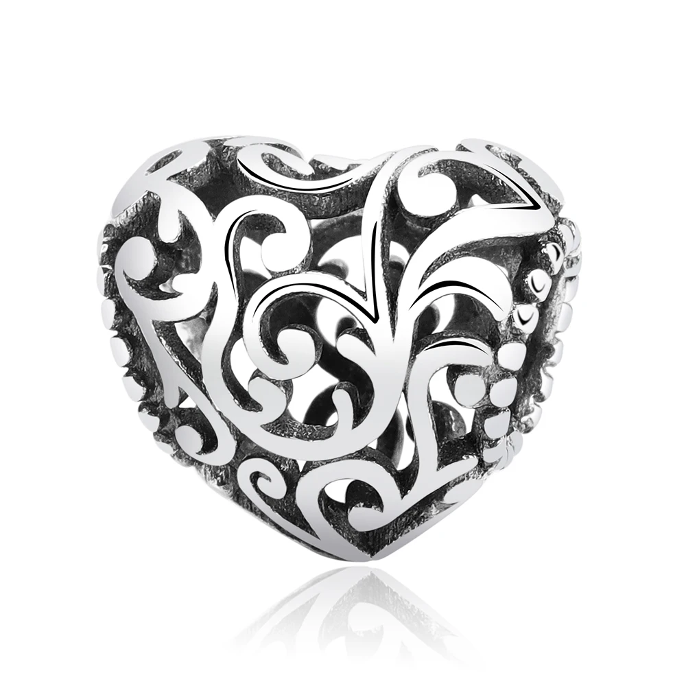 

Free Shipping 925 Sterling Silver Bead Regal Pattern Heart Openwork Charm Fit Original Pandora Bracelets For Women DIY Jewelry