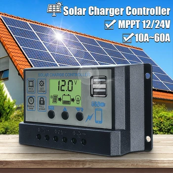 

LCD Dual USB Auto Solar Charge Panel Controller 60A/50A/40A/30A/20A/10A 12V 24V PWM Controllers 5V Output Solar Panel Regulator