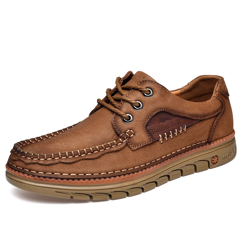 

Genuine Leather Outdoor Hiking Men Shoes Casual Wear-resistant Leather Anti-skid Sewing Line Tooling Shoes Fashion Footwear