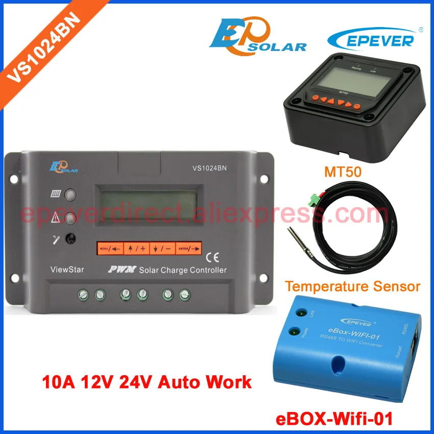 

VS1024BN wifi BOX solar charging controller 10A 10amp temperature sensor and MT50 remote meter PWM 12v/24v