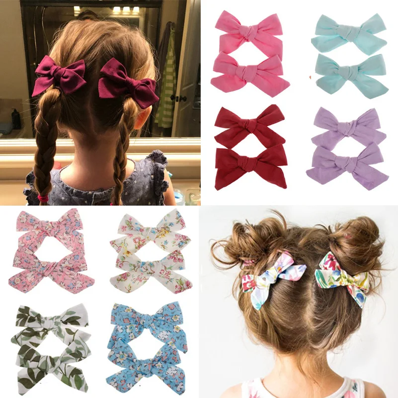 

2PCS Girls Princess Flower Print Hair Bows Boutique Kids Solid Color Hair Clips Hairpins Barrettes Hair Accessories for Girls