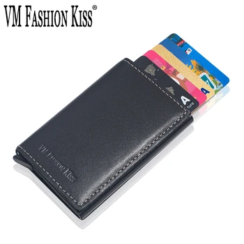 

VM FASHION KISS Aluminum porte carte Card Holder Genuine Leather Business RFID Block Wallet For Credit Protector Case pasjeshoud