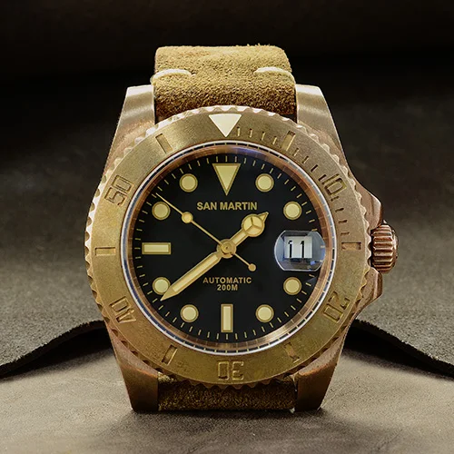 Мужские Винтажные бронзовые часы San Martin, автоматические часы для дайвинга 200, водонепроницаемые бронзовые часы в ретро-стиле Relojes Hombre2018 - Цвет: ETA  black