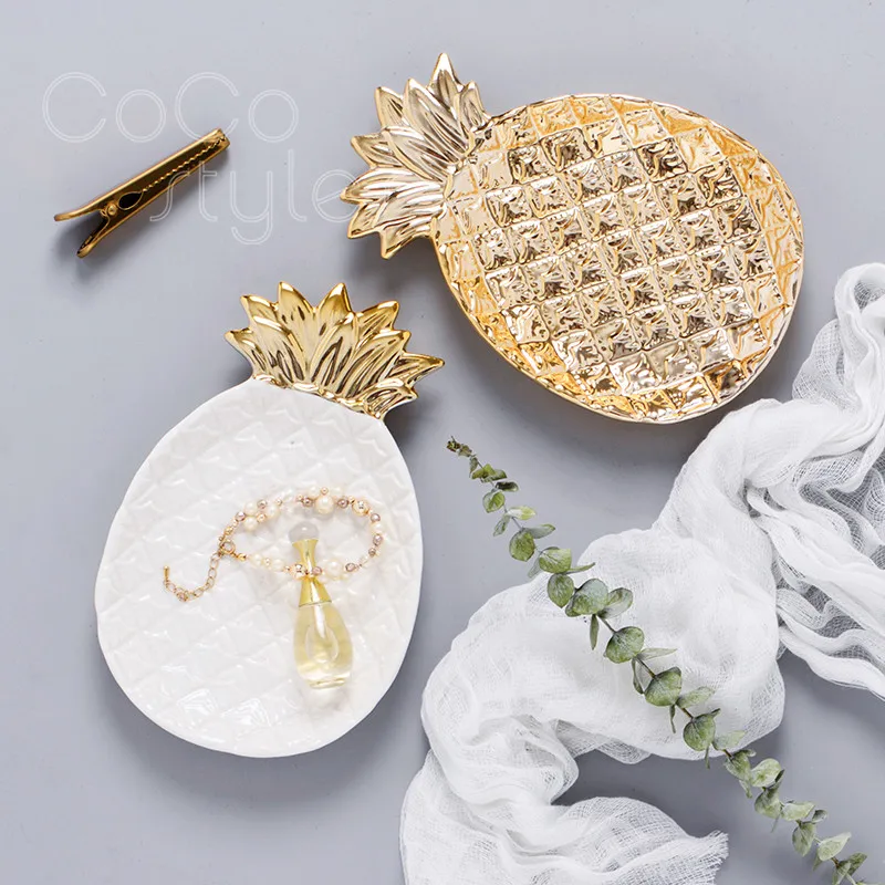 

Cocostyles InsFashion luxury pineapple shaped plated ceramic jewelry dish for modern home storage decor and girls' day gift sets